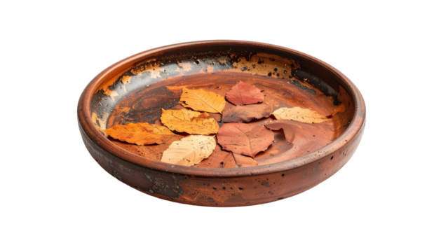 Rustic ceramic bowl with autumn leaves floating inside, tranquil vibe