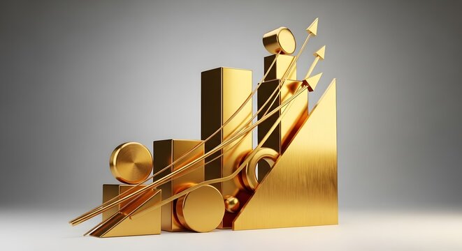 Golden abstract bar chart with rising arrows and geometric shapes representing financial growth and success - Powered by Adobe