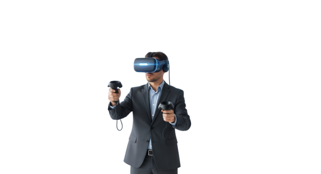 Businessman experiencing immersive virtual reality, leveraging advanced technology for future business applications and interactive digital experiences