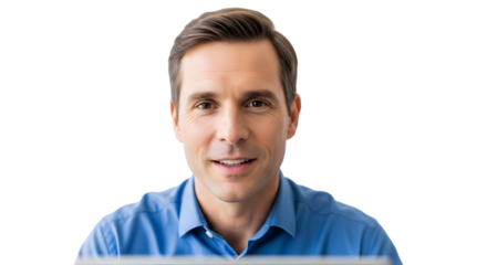 Friendly and confident male professional smiles directly at the camera, embodying a positive and approachable business persona in a clean, modern setting