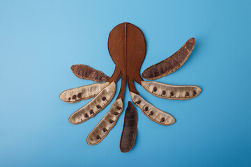 Whimsical octopus shape from dried leaf and pods on blue surface, perfect for lifestyle blogs, greeting cards, creative workshops, eco-friendly product visuals, art therapy