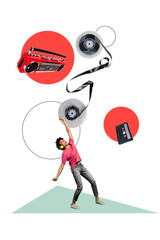 Composite trend artwork image photo collage of carefree weekend club relax young man headphones playlist funky dance clubber boombox