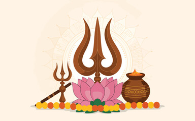 Hindu religious symbols trident lotus pot and garlands