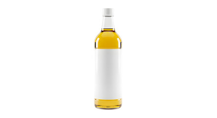 Clear glass bottle containing golden alcohol spirit with customizable white label mockup design. isolated PNG with Transparent Background