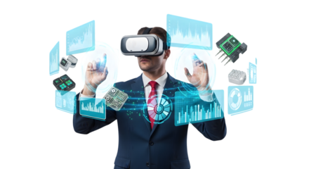 Businessman in VR headset interacts with holographic data and electronic components, symbolizing digital transformation and technological innovation in business