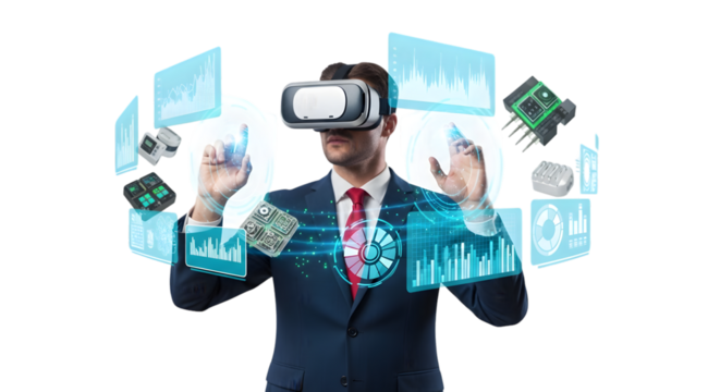 Businessman in VR headset interacts with holographic data and electronic components, symbolizing digital transformation and technological innovation in business