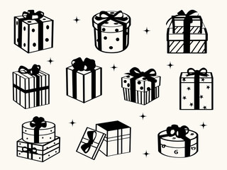 Whimsical Christmas gift boxes doodles set. Hand drawn holiday icons. Vector clipart for party invitations, greeting cards, stickers.