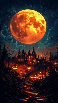 Spooky Halloween night with a giant glowing moon over haunted castles and grinning jack o lanterns illuminating a creepy forest path