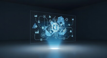 Holographic projection of a world map with euro currency symbol and digital icons representing global business