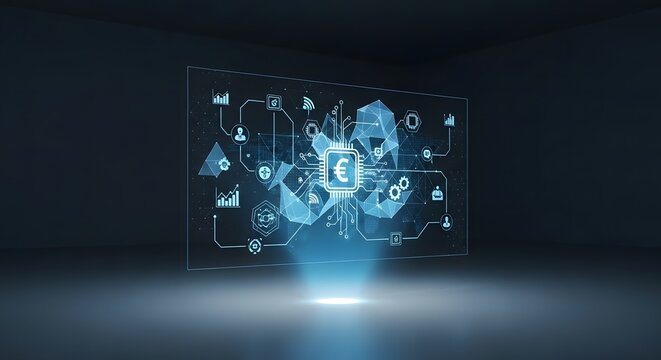 Holographic projection of a world map with euro currency symbol and digital icons representing global business