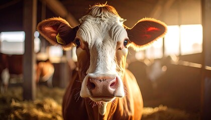 Close Up Portrait of a Brown and White Cow in a Barn with Straw Bedding and Bright Sunlight Streaming Through Open Doors