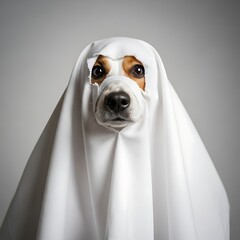 Spooky Halloween Spirit: Adorable Dog Ghost Costume for Festive Fun and Social Media Campaigns