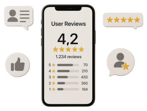 Smartphone displaying user reviews with star ratings and feedback icons on white background mobile screen isolated on a transparent background