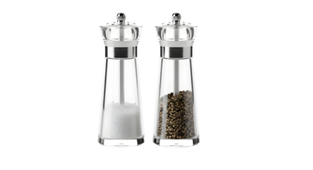 Modern clear acrylic salt and pepper grinder set for kitchen seasoning isolated PNG with Transparent Background