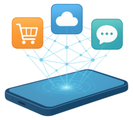 Smartphone projecting a network connecting orange shopping cart blue cloud and teal chat icons mobile isolated on a transparent background