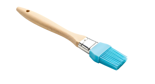 Blue silicone basting brush with wooden handle for kitchen cooking, baking, and grilling isolated PNG with Transparent Background