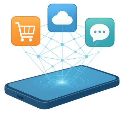 Smartphone projecting a network connecting orange shopping cart blue cloud and teal chat icons mobile isolated on a transparent background