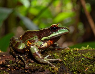 Obraz premium Vibrant frog perched on mossy log