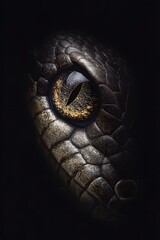 Fototapeta premium Intimate showcases a reptile's captivating eye, featuring a striking golden iris and vertical pupil; the textured scales display intricate patterns with various dark and neutral tones, providing a...