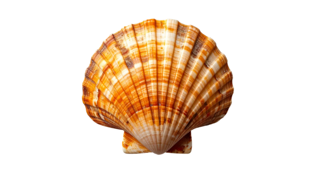 Isolated close-up of a detailed, orange and white scallop shell on black