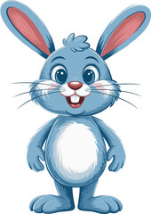 Blue cartoon rabbit character, cheerful bunny with smile, standing pose, vector illustration, cute animal mascot, flat design, cad drawing