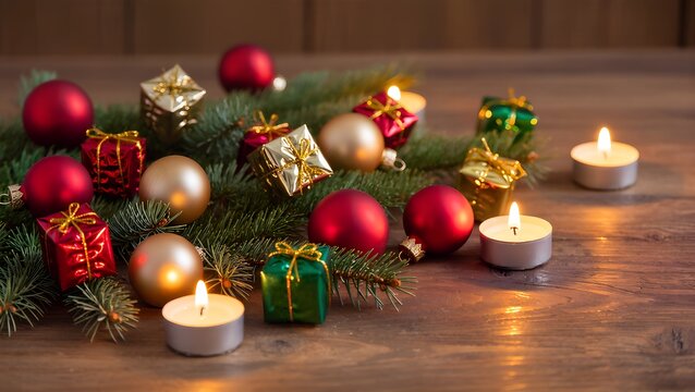 Rustic holiday setting with small gifts, ornaments, and flickering tealight candles