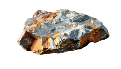 Close-up of rugged rock, exhibiting orange and gray minerals