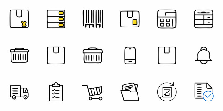 Essential e-commerce icons for modern business branding, website design, and app development, capturing delivery, inventory, and customer service