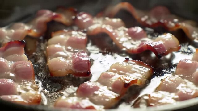 Crispy bacon sizzling in a hot pan, releasing its savory aroma and rendering its delicious fat.
