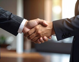 Close Up Shot of a Handshake Between Two Individuals Wearing Black Suits In a Blurred Background with Soft Lighting Business Concept