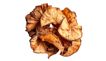 Pile of dried mushroom slices, tan/brown hues, detailed texture, black background