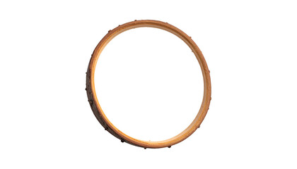Obraz premium Wooden circular frame on black backdrop, warm golden color