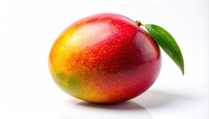 Close Up Shot of a Single Mango with Red Yellow Green Skin and a Small Leaf on a White Reflective Surface