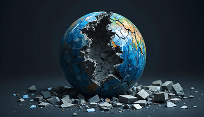 A broken world globe with scattered fragments symbolizes global fragility, representing crises, geopolitical conflicts, and environmental challenges.