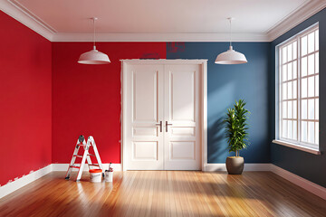 Room Renovation Project Painting Walls in Red and Blue Colors DIY Home Improvement with Ladder and Supplies