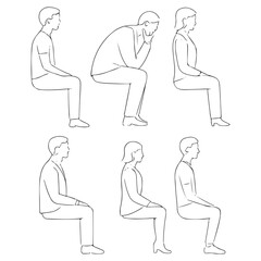 men and 
women and teenagers sitting on bench or chair business group in profile view