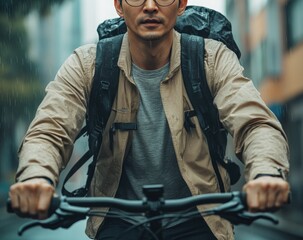 Obraz premium A person with glasses on a bicycle in a rainy environment. Focus is on the individual