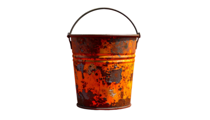 A weathered, rusty metal bucket with a handle
