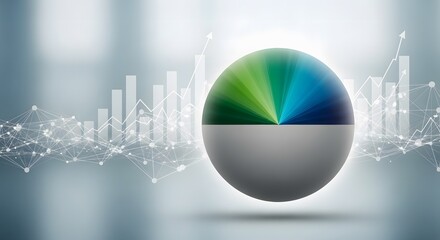 Abstract sphere with colorful segments and financial graph background representing data analysis and growth