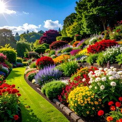 Vibrant garden landscape with colorful flowers and lush greenery