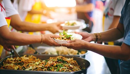 Hands Passing Food Plates at a Community Meal with Social Support  Charity.