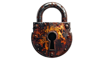 Weathered, rusty metal padlock against a black background