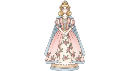 Illustration of a queen chess piece with a crown and a pink dress adorned with floral patterns isolated on transparent background