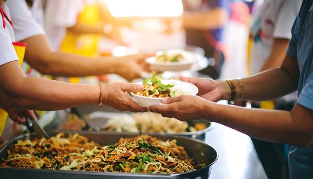 Hands Passing Food Plates at a Community Meal with Social Support  Charity.