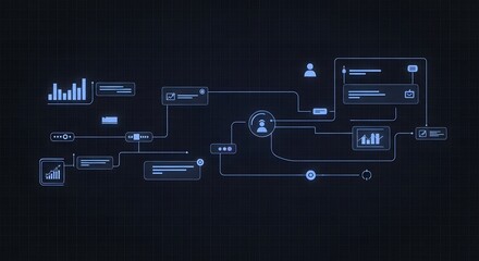 Digital interface displaying a business process flow with charts and user icons on a dark background