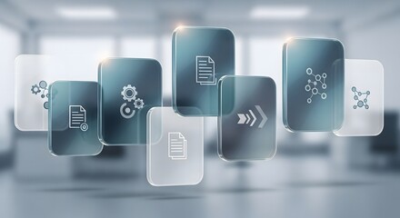 Abstract digital icons representing data, workflow, and network connections in a modern office setting