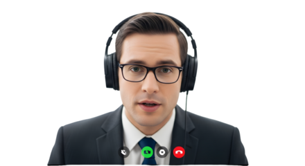 Focused professional man with headphones and glasses on a virtual video conference call, illustrating modern remote work and efficient online business communication