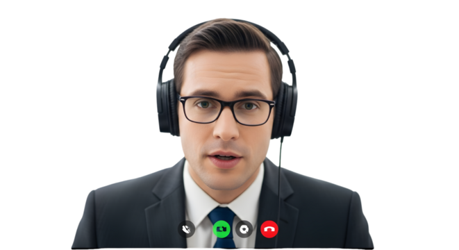 Focused professional man with headphones and glasses on a virtual video conference call, illustrating modern remote work and efficient online business communication