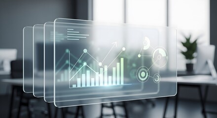 Futuristic holographic financial data analysis charts displayed in a modern office environment
