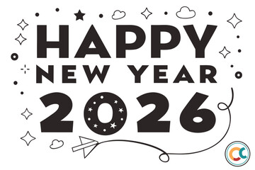 Happy New Year 2026 bold text with playful elements and a paper airplane on white Keywords: 2026, new year, happy new year, celebration, greeting